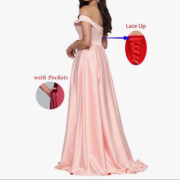 Off The Shoulder Long Satin Evening Gown Pleated Skirt with Pockets - Picture 2 of 5